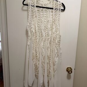 Crochet Fringe Open Front Vest - Cream